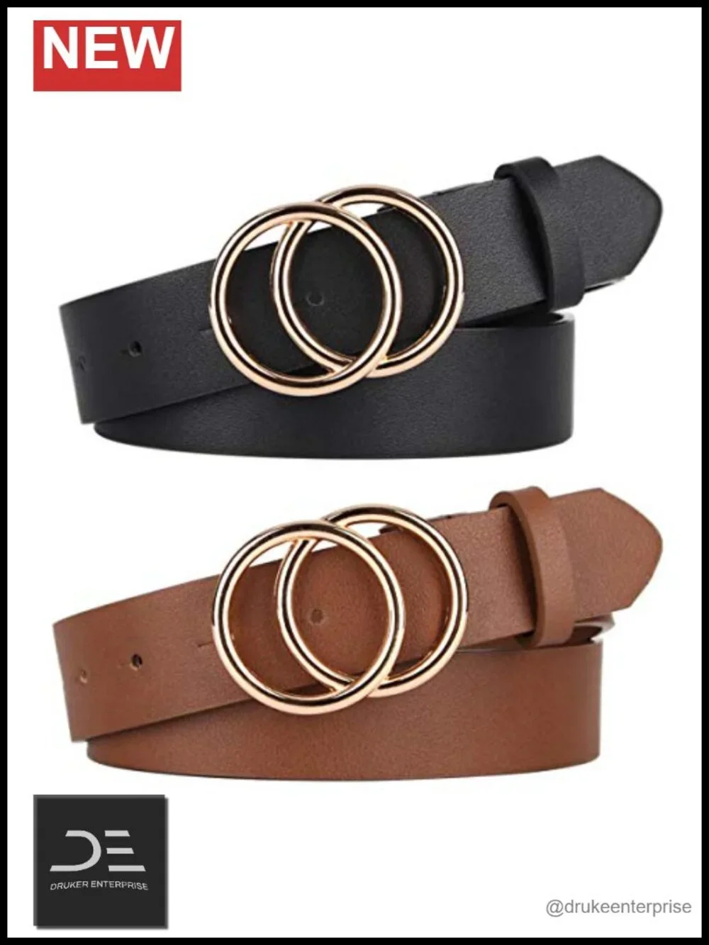 Pack 2 Faux Leather O-Ring Buckle Belts for Women